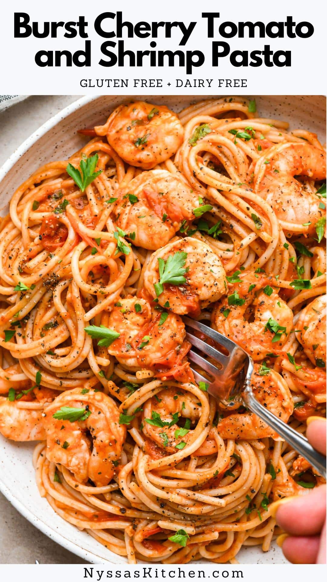 This simple burst cherry tomato and shrimp pasta is so simple but so incredibly flavorful! Made with fresh cherry tomatoes, lots of garlic, and a little bit of tomato paste to bolster the tomato flavor, it is made without cream and dairy free. We opt for GF pasta to keep the recipe gluten free, but any pasta you like will work! It is all cooked in one skillet and ready in just 30 minutes. Adding chopped parsley brings some color and elegance to the dish, making it just as perfect for serving guests as it is for a quick weeknight dinner.