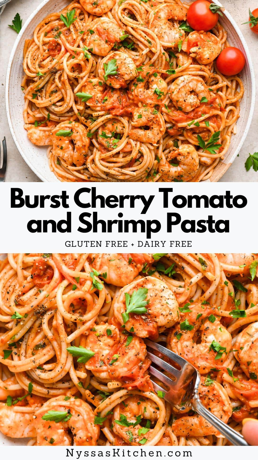 This simple burst cherry tomato and shrimp pasta is so simple but so incredibly flavorful! Made with fresh cherry tomatoes, lots of garlic, and a little bit of tomato paste to bolster the tomato flavor, it is made without cream and dairy free. We opt for GF pasta to keep the recipe gluten free, but any pasta you like will work! It is all cooked in one skillet and ready in just 30 minutes. Adding chopped parsley brings some color and elegance to the dish, making it just as perfect for serving guests as it is for a quick weeknight dinner.