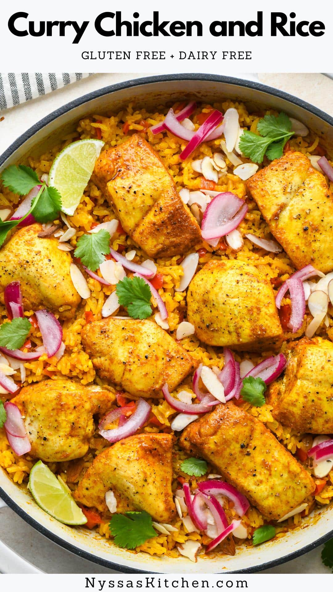 This curry chicken and rice is a flavorful and healthy meal prepared in just one pot and baked in the oven! Made with lean chicken breasts, bell peppers, onions, garlic, fluffy rice, and plenty of flavorful spices, it is satisfying and delicious (& made without coconut milk). It comes together around one hour with prep time included and reheats well if you have leftovers. Take advantage of the colorful and punchy garnishes to bring out all the flavorful nuances of the dish!