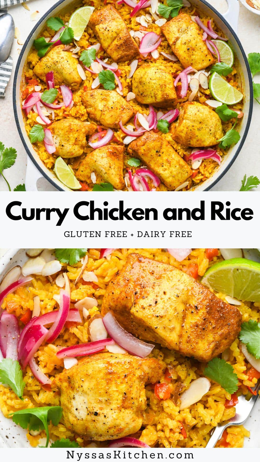 This curry chicken and rice is a flavorful and healthy meal prepared in just one pot and baked in the oven! Made with lean chicken breasts, bell peppers, onions, garlic, fluffy rice, and plenty of flavorful spices, it is satisfying and delicious (& made without coconut milk). It comes together around one hour with prep time included and reheats well if you have leftovers. Take advantage of the colorful and punchy garnishes to bring out all the flavorful nuances of the dish!