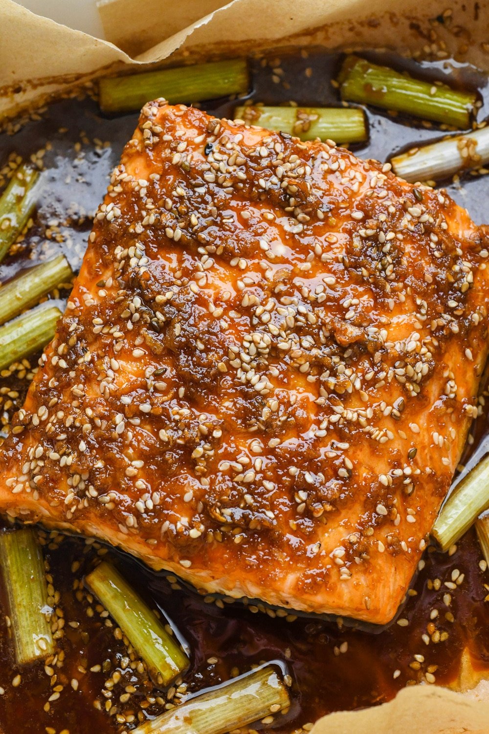 How to make garlic ginger salmon: Baked and glazed salmon filet after coming out of the oven.