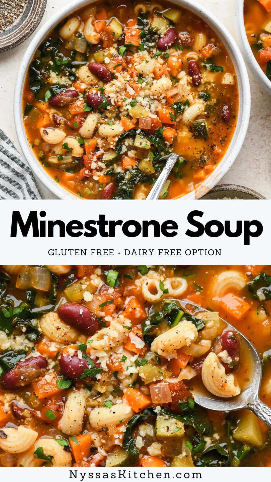 This gluten free minestrone soup features a variety of flavorful and nutritious vegetables like carrots, celery, onions, zucchini, and kale. An Italian inspired recipe with lovely complex layers of flavor thanks to a few dried spices and tomato paste that can be made in less than an hour. It's vegetarian (and vegan if you use a vegan parmesan) but can also be made with protein if that's your thing. A delightfully cozy recipe to make during the colder months of the year! 