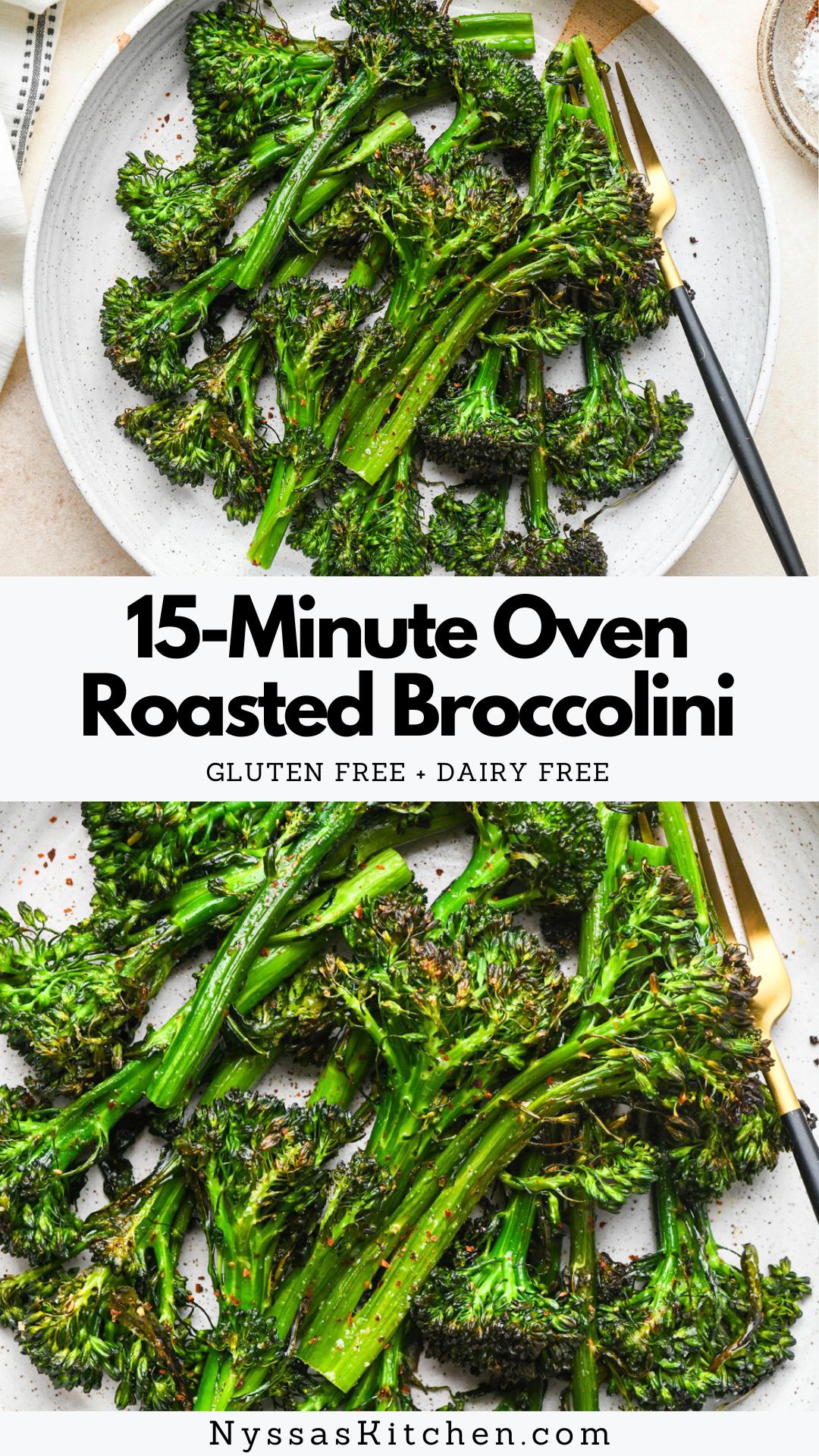 This 15-minute oven roasted broccolini is the best quick side dish that pairs well with so many meals! It’s one of our all-time favorites when we need a simple veggie recipe to serve with dinner. Made with broccolini (also sometimes called baby broccoli), olive oil, and a few simple spices – it cooks quickly in the oven on a sheet pan until tender with slightly charred florets. The recipe is not only delicious but also nutrient-dense, gluten-free, dairy-free, Whole30 compatible, and paleo-friendly!