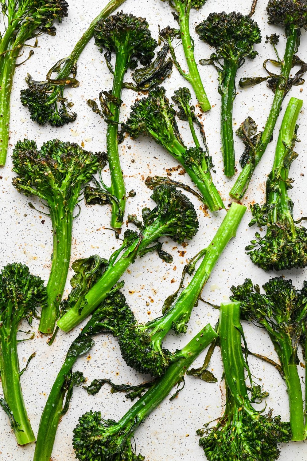 How to make roasted broccolini: Roasted broccolini stalks on sheet pan right after coming out of the oven. The broccolini is bright green with bits of charred pieces.