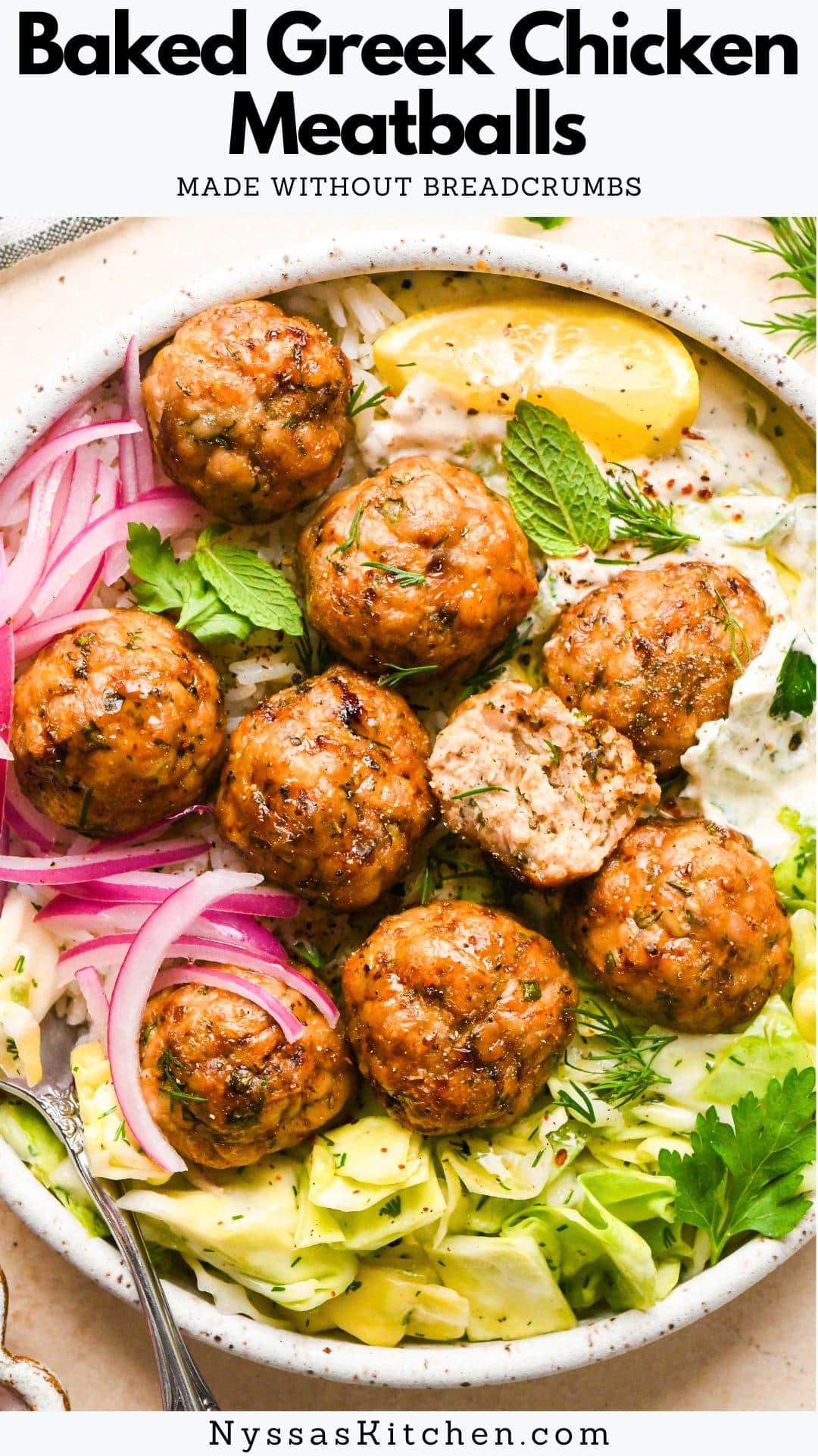 These baked Greek chicken meatballs are a gluten free weeknight dinner must! Made with ground chicken, an array of aromatic spices, lots of fresh herbs (dill, parsley, & mint!), a little finely diced red onion, zippy lemon zest, and no breadcrumbs, almond flour, or coconut flour. They come together on a sheet pan in the oven in right around 30 minutes, and boast some serious flavor. A perfect pairing with rice, a fresh salad, and a creamy sauce like our Homemade Dairy Free Tzatziki!