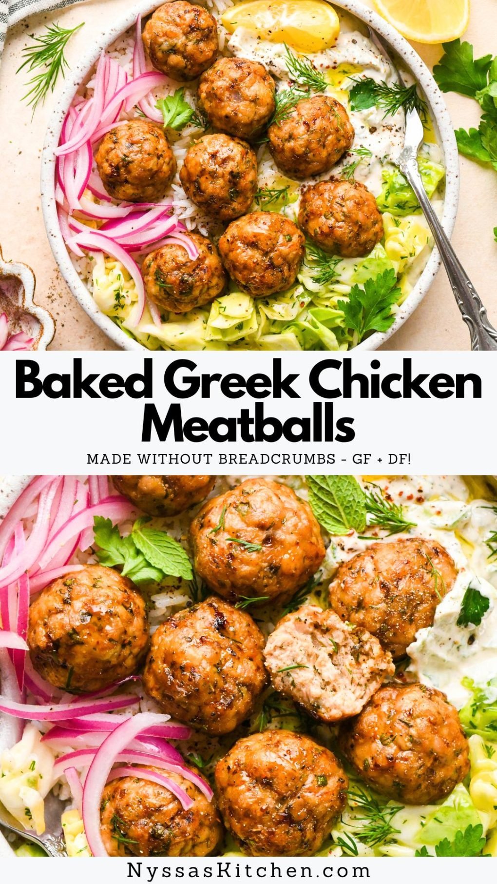 Pinterest pin for Baked Greek Chicken Meatballs