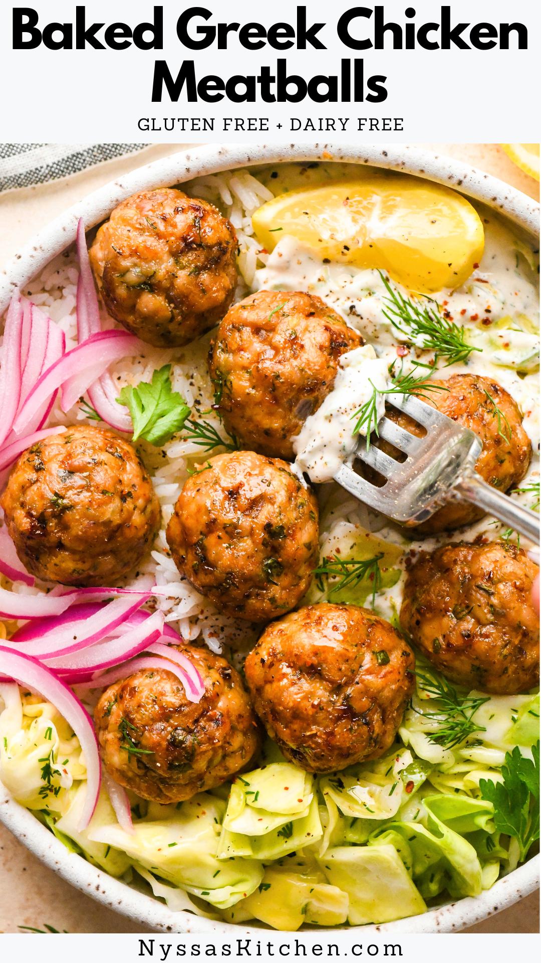 These baked Greek chicken meatballs are a gluten free weeknight dinner must! Made with ground chicken, an array of aromatic spices, lots of fresh herbs (dill, parsley, & mint!), a little finely diced red onion, zippy lemon zest, and no breadcrumbs, almond flour, or coconut flour. They come together on a sheet pan in the oven in right around 30 minutes, and boast some serious flavor. A perfect pairing with rice, a fresh salad, and a creamy sauce like our Homemade Dairy Free Tzatziki!