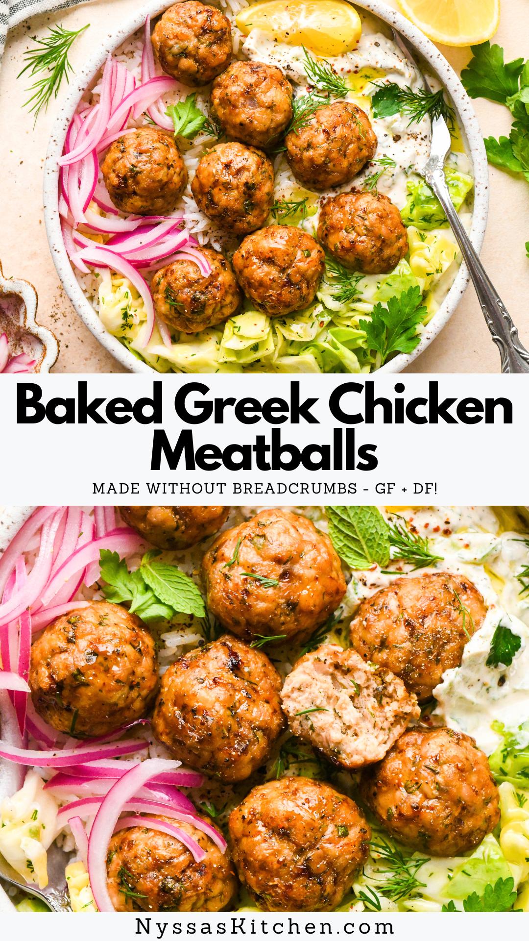 These baked Greek chicken meatballs are a gluten free weeknight dinner must! Made with ground chicken, an array of aromatic spices, lots of fresh herbs (dill, parsley, & mint!), a little finely diced red onion, zippy lemon zest, and no breadcrumbs, almond flour, or coconut flour. They come together on a sheet pan in the oven in right around 30 minutes, and boast some serious flavor. A perfect pairing with rice, a fresh salad, and a creamy sauce like our Homemade Dairy Free Tzatziki!