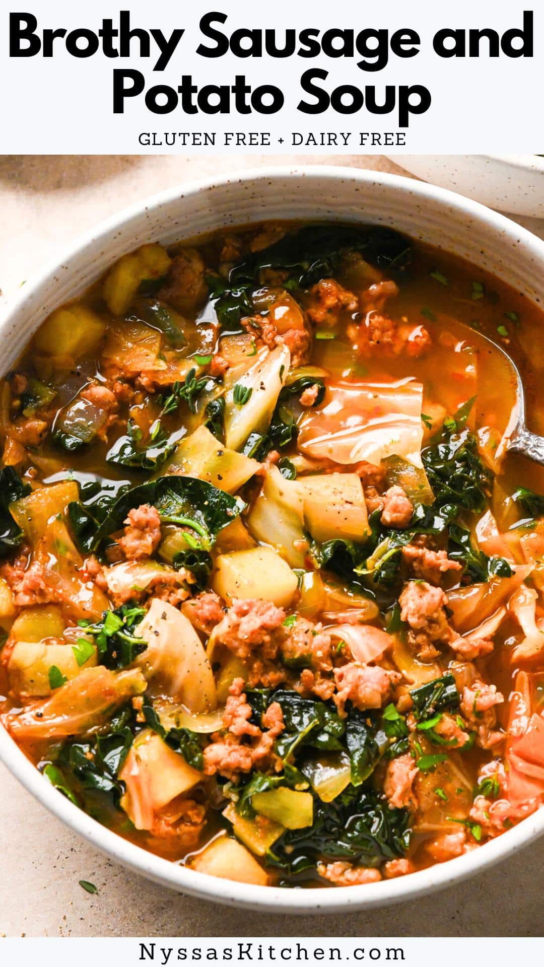 This brothy sausage and potato soup with kale and cabbage tastes like pure comfort in a bowl. It's made with the humblest of ingredients like your favorite sausage (we love spicy Italian!), cabbage, onions, tomato paste, yukon gold potatoes, a few fresh and dried herbs, kale, and good-tasting broth. Not only is it delicious straight out of the pot, it also makes excellent leftovers! Recipe is gluten free, dairy free, and ready in less than an hour.