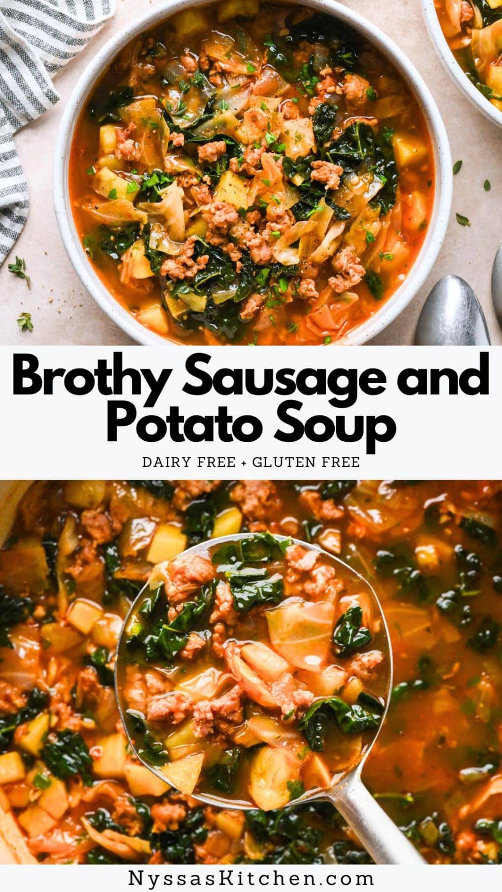 Pinterest pin for Brothy Sausage and Potato Soup with Kale and Cabbage