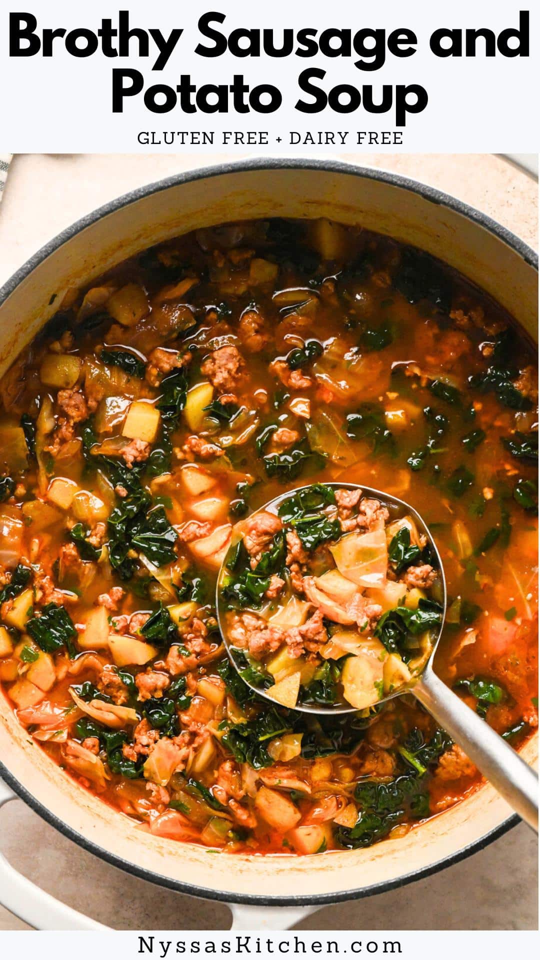 This brothy sausage and potato soup with kale and cabbage tastes like pure comfort in a bowl. It's made with the humblest of ingredients like your favorite sausage (we love spicy Italian!), cabbage, onions, tomato paste, yukon gold potatoes, a few fresh and dried herbs, kale, and good-tasting broth. Not only is it delicious straight out of the pot, it also makes excellent leftovers! Recipe is gluten free, dairy free, and ready in less than an hour.