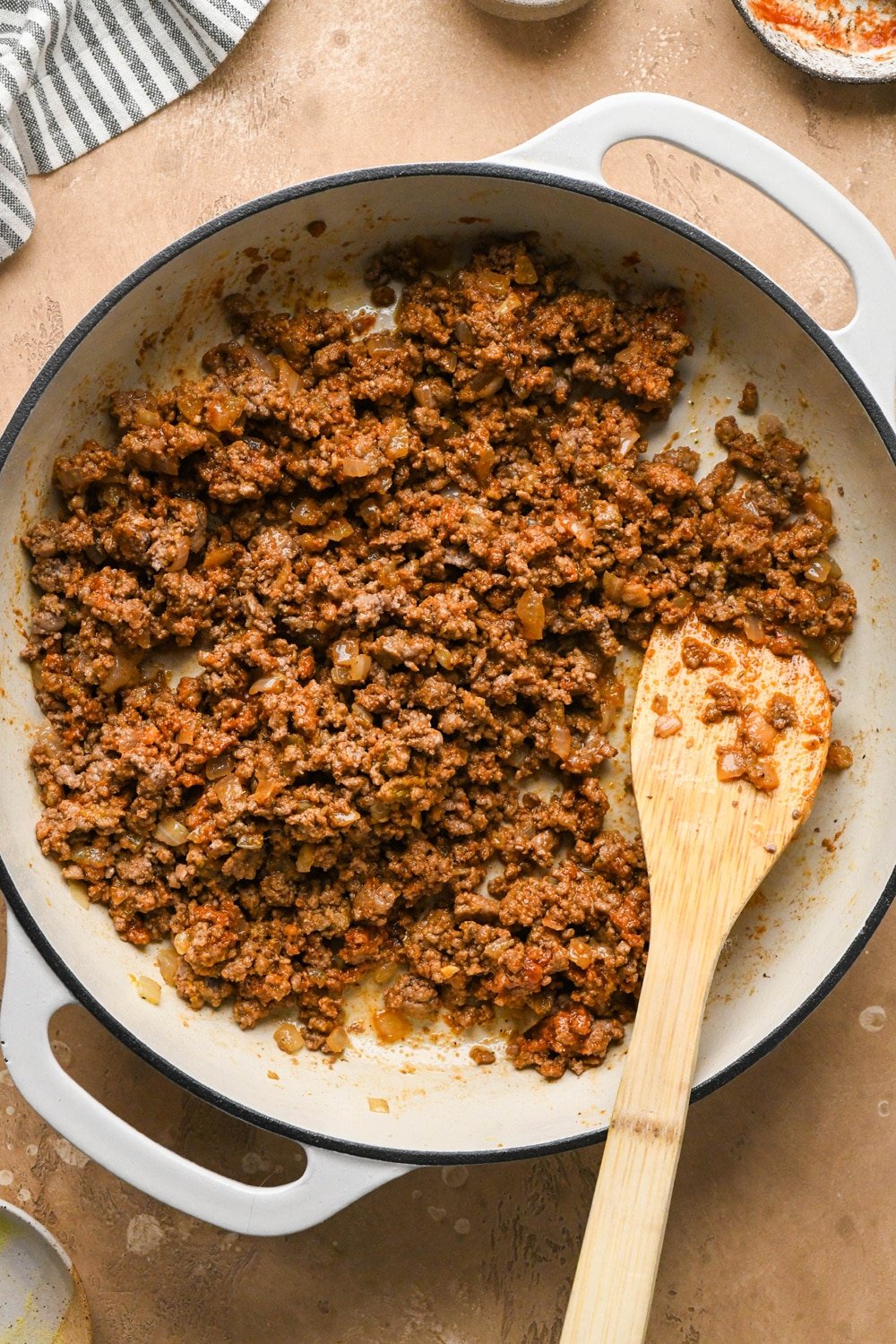 How to make dairy free hamburger helper: Ground beef with all spices and aromatics added and cooked into the meat in a large ceramic coated cast iron skillet.