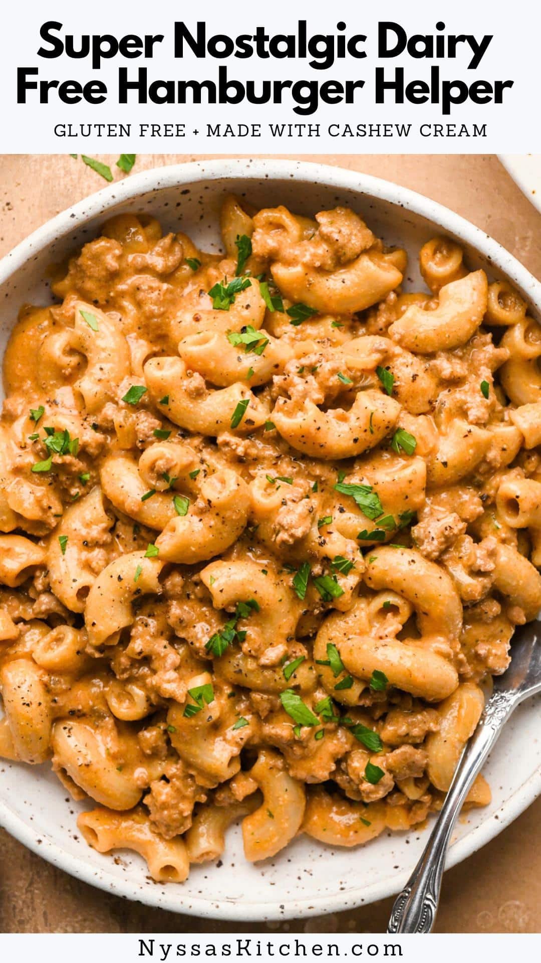 This super nostalgic hamburger helper pasta is our take on a classic pasta recipe that is incredibly cozy, satisfying, and made without any dairy or gluten! We swap the traditional use of milk or cream with an easy-to-make cashew cream sauce and bolster the flavor of the pasta with a simple blend of spices, coconut aminos (or tamari), tomato paste, and nutritional yeast that are added to the ground beef while it cooks in the skillet.