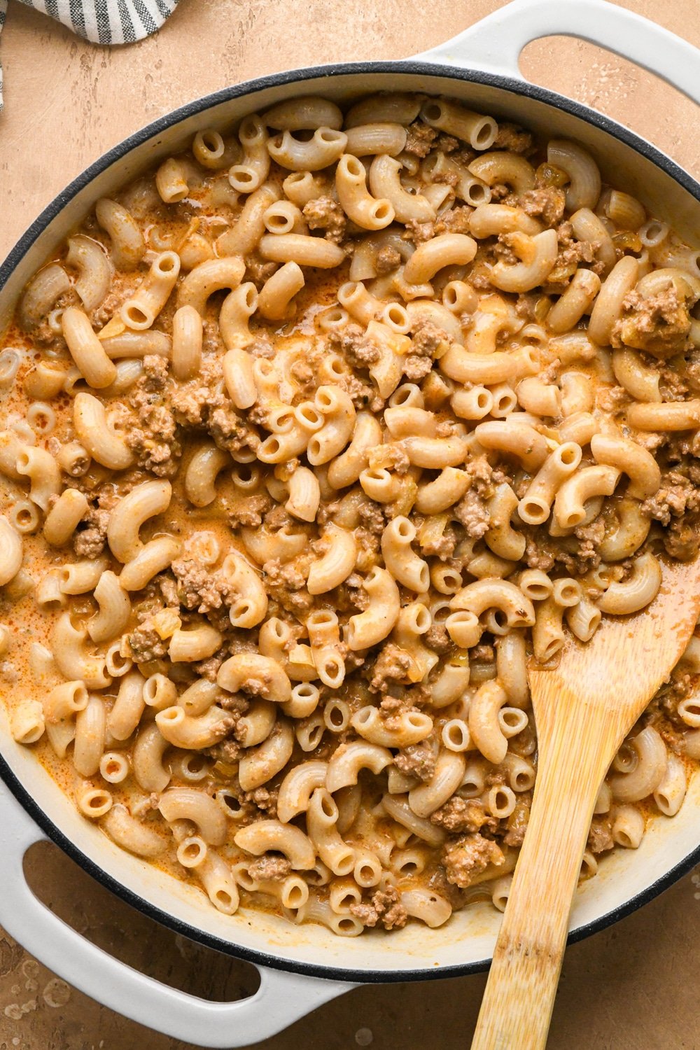 How to make dairy free hamburger helper: Hamburger helper before simmering to thicken sauce in skillet.