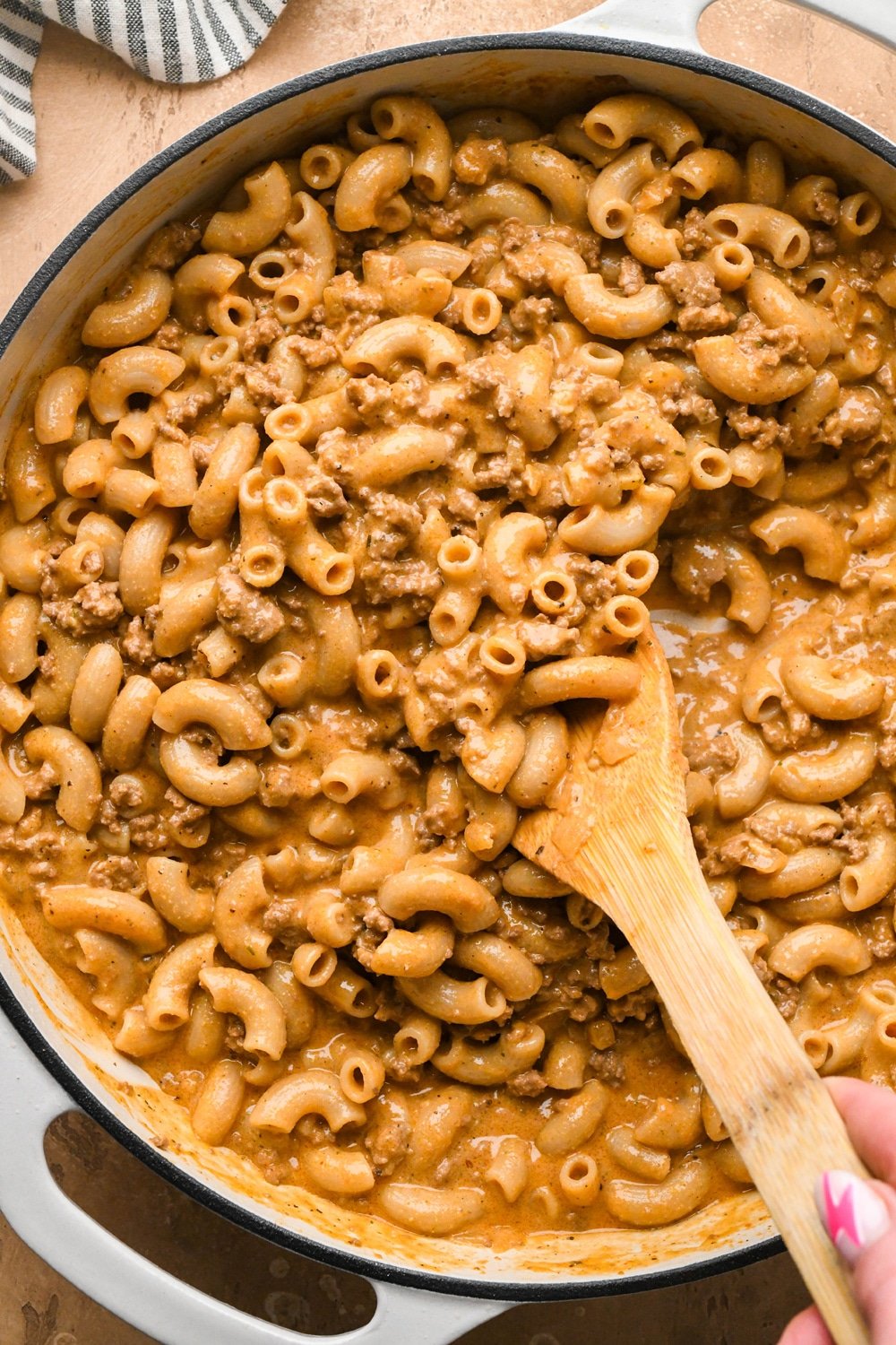 How to make dairy free hamburger helper: Hamburger helper after simmering to thicken sauce in skillet.