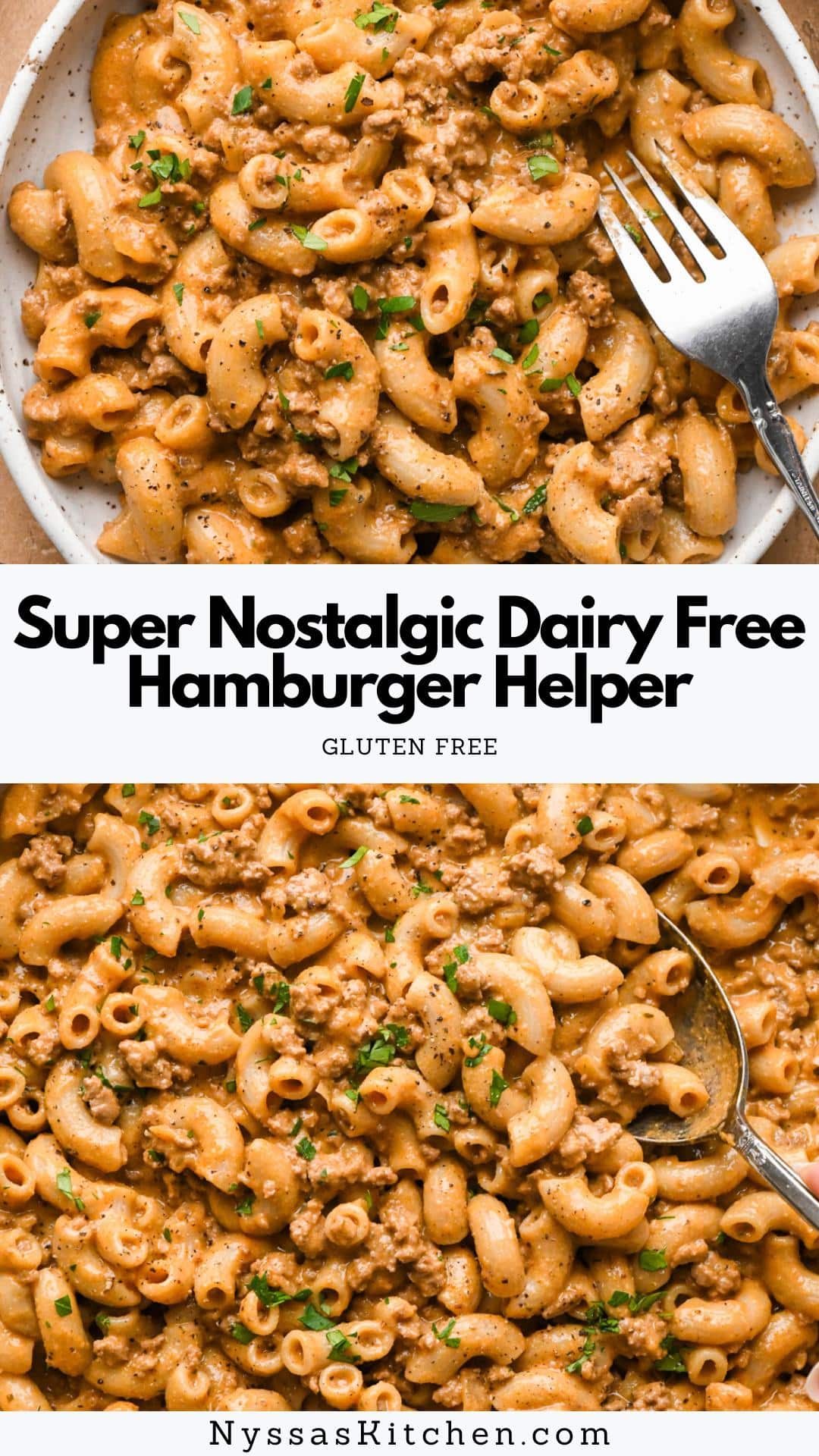 This super nostalgic hamburger helper pasta is our take on a classic pasta recipe that is incredibly cozy, satisfying, and made without any dairy or gluten! We swap the traditional use of milk or cream with an easy-to-make cashew cream sauce and bolster the flavor of the pasta with a simple blend of spices, coconut aminos (or tamari), tomato paste, and nutritional yeast that are added to the ground beef while it cooks in the skillet.