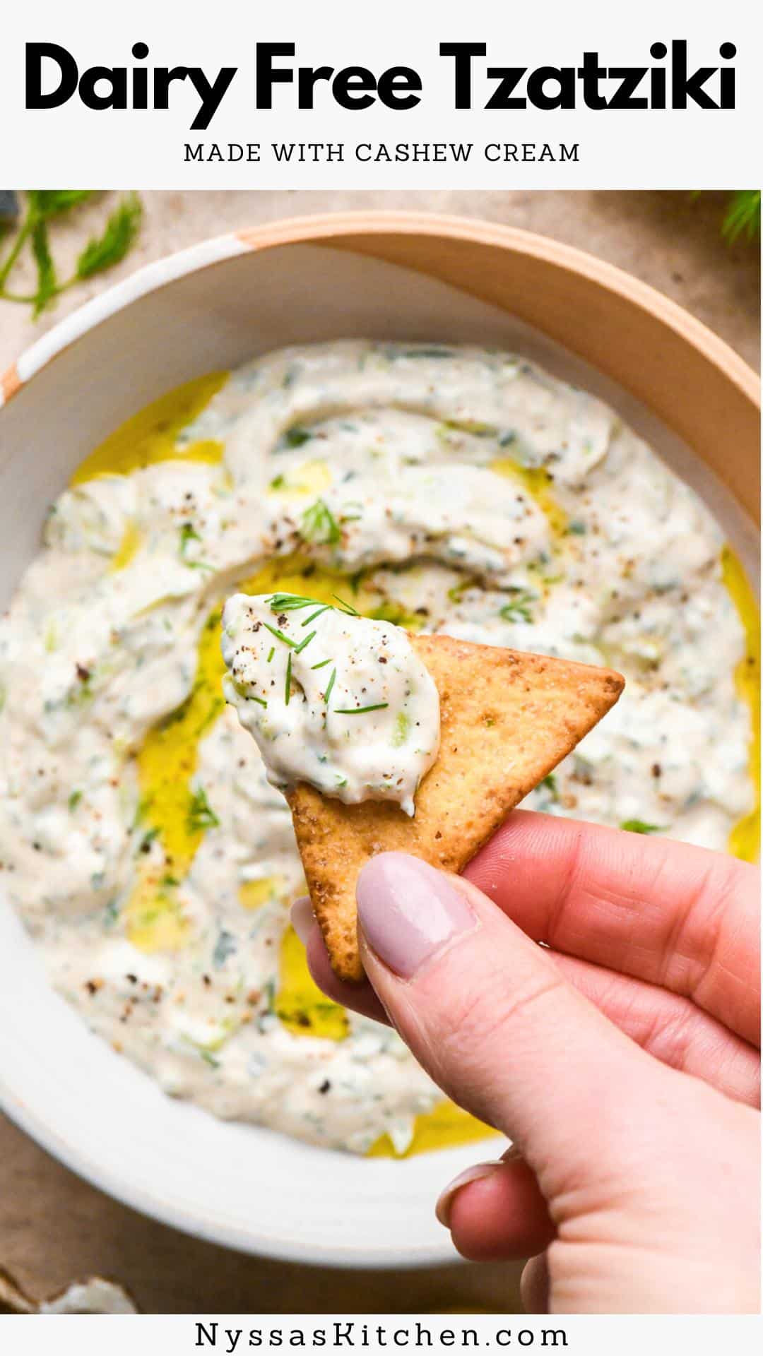 This dairy free tzatziki sauce is ultra creamy and made with a cashew cream base instead of yogurt or a dairy free yogurt alternative! With a little proper planning (soaking the cashews and chilling the cashew cream), it comes together quickly and makes a delicious dip or sauce to accompany your favorite Greek meals. Made with fresh and wholesome ingredients like raw cashews, cucumber, fragrant herbs, garlic, lemon juice, and apple cider vinegar. It is entirely plant based, zippy, bright, and has tons of mouth-watering flavor!