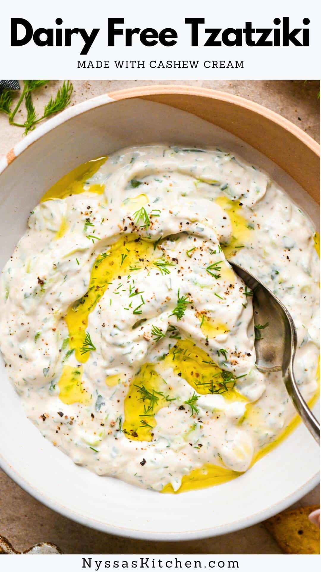 This dairy free tzatziki sauce is ultra creamy and made with a cashew cream base instead of yogurt or a dairy free yogurt alternative! With a little proper planning (soaking the cashews and chilling the cashew cream), it comes together quickly and makes a delicious dip or sauce to accompany your favorite Greek meals. Made with fresh and wholesome ingredients like raw cashews, cucumber, fragrant herbs, garlic, lemon juice, and apple cider vinegar. It is entirely plant based, zippy, bright, and has tons of mouth-watering flavor!