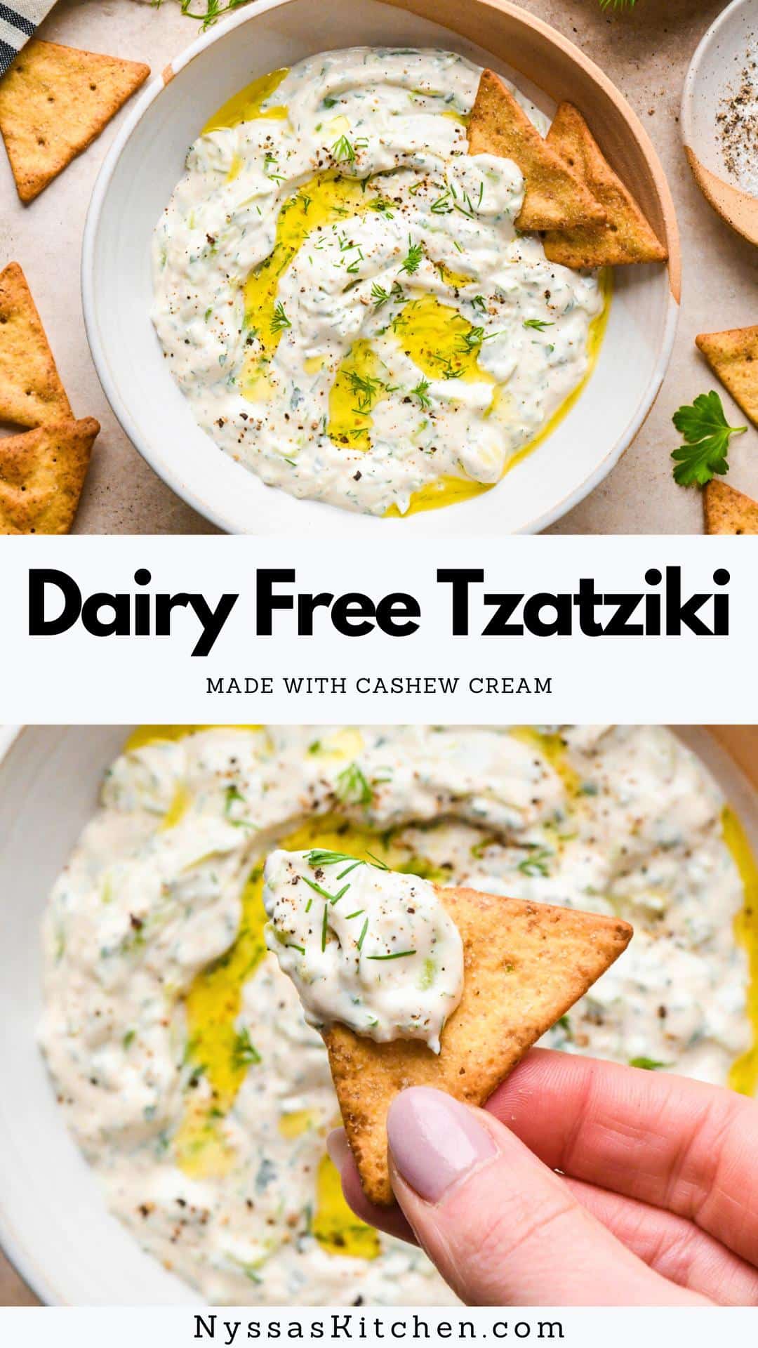 This dairy free tzatziki sauce is ultra creamy and made with a cashew cream base instead of yogurt or a dairy free yogurt alternative! With a little proper planning (soaking the cashews and chilling the cashew cream), it comes together quickly and makes a delicious dip or sauce to accompany your favorite Greek meals. Made with fresh and wholesome ingredients like raw cashews, cucumber, fragrant herbs, garlic, lemon juice, and apple cider vinegar. It is entirely plant based, zippy, bright, and has tons of mouth-watering flavor!