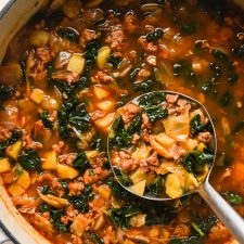 Brothy Sausage and Potato Soup with Kale and Cabbage