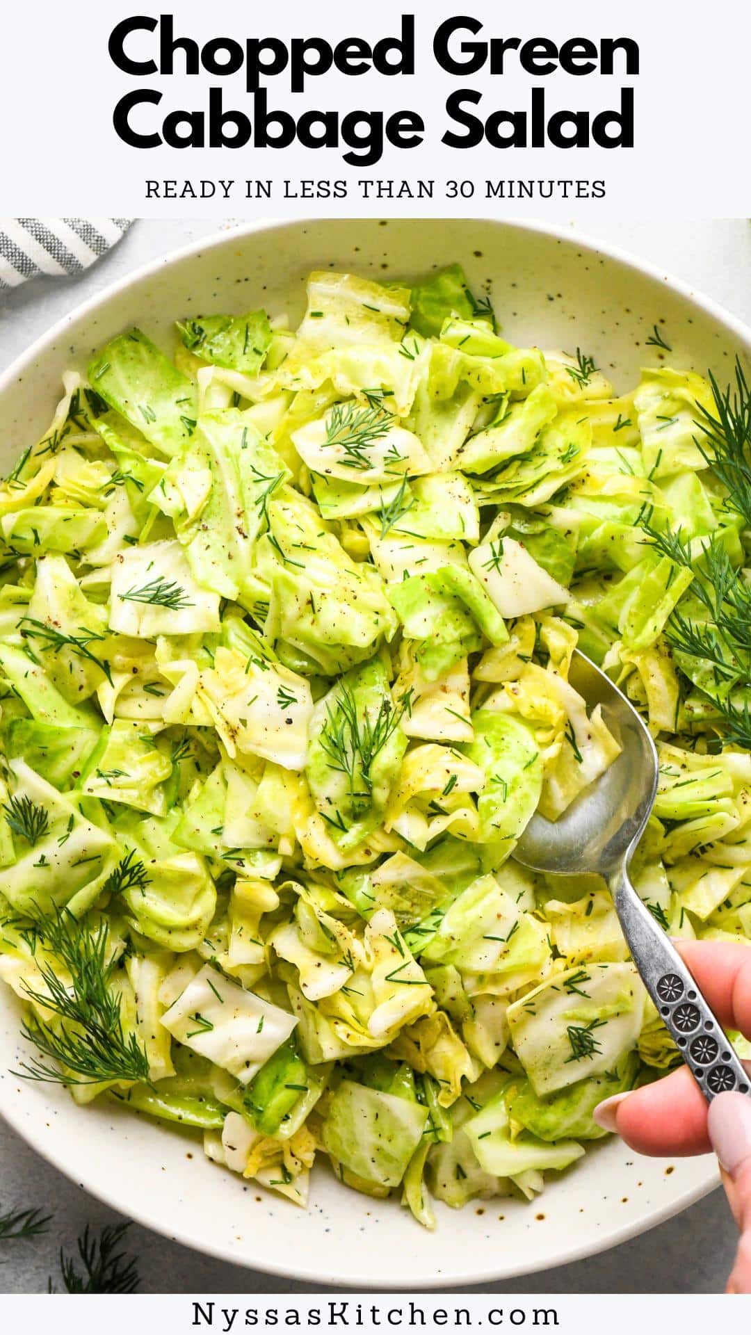 This chopped vinegary green cabbage salad with dill makes the best fresh side dish and comes together in less than 30 minutes! Made with roughly chopped crunchy green cabbage, rice vinegar, fragrant dill, olive oil, and salt and pepper. It's simple ingredients come together to make an outstanding slaw-like salad that's perfect for everything from bowls to a BBQ spread. The recipe is plant based, dairy free, gluten free, and Whole30 friendly!