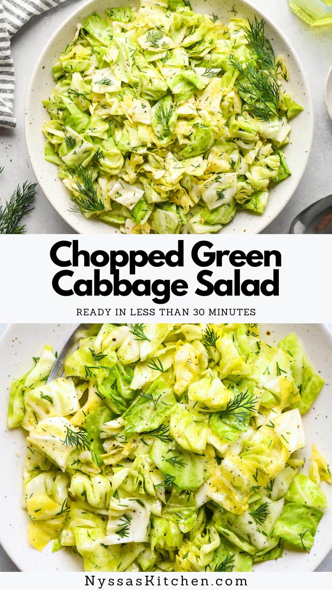 This chopped vinegary green cabbage salad with dill makes the best fresh side dish and comes together in less than 30 minutes! Made with roughly chopped crunchy green cabbage, rice vinegar, fragrant dill, olive oil, and salt and pepper. It's simple ingredients come together to make an outstanding slaw-like salad that's perfect for everything from bowls to a BBQ spread. The recipe is plant based, dairy free, gluten free, and Whole30 friendly!