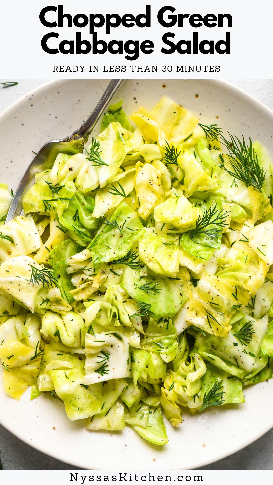 This chopped vinegary green cabbage salad with dill makes the best fresh side dish and comes together in less than 30 minutes! Made with roughly chopped crunchy green cabbage, rice vinegar, fragrant dill, olive oil, and salt and pepper. It's simple ingredients come together to make an outstanding slaw-like salad that's perfect for everything from bowls to a BBQ spread. The recipe is plant based, dairy free, gluten free, and Whole30 friendly!