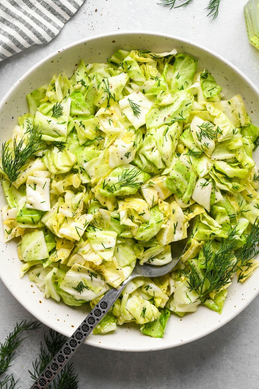 Chopped green cabbage salad with fresh dill in a large shallow serving bowl, garnished with extra sprigs of fresh dill and a spoon is angled into the bowl.