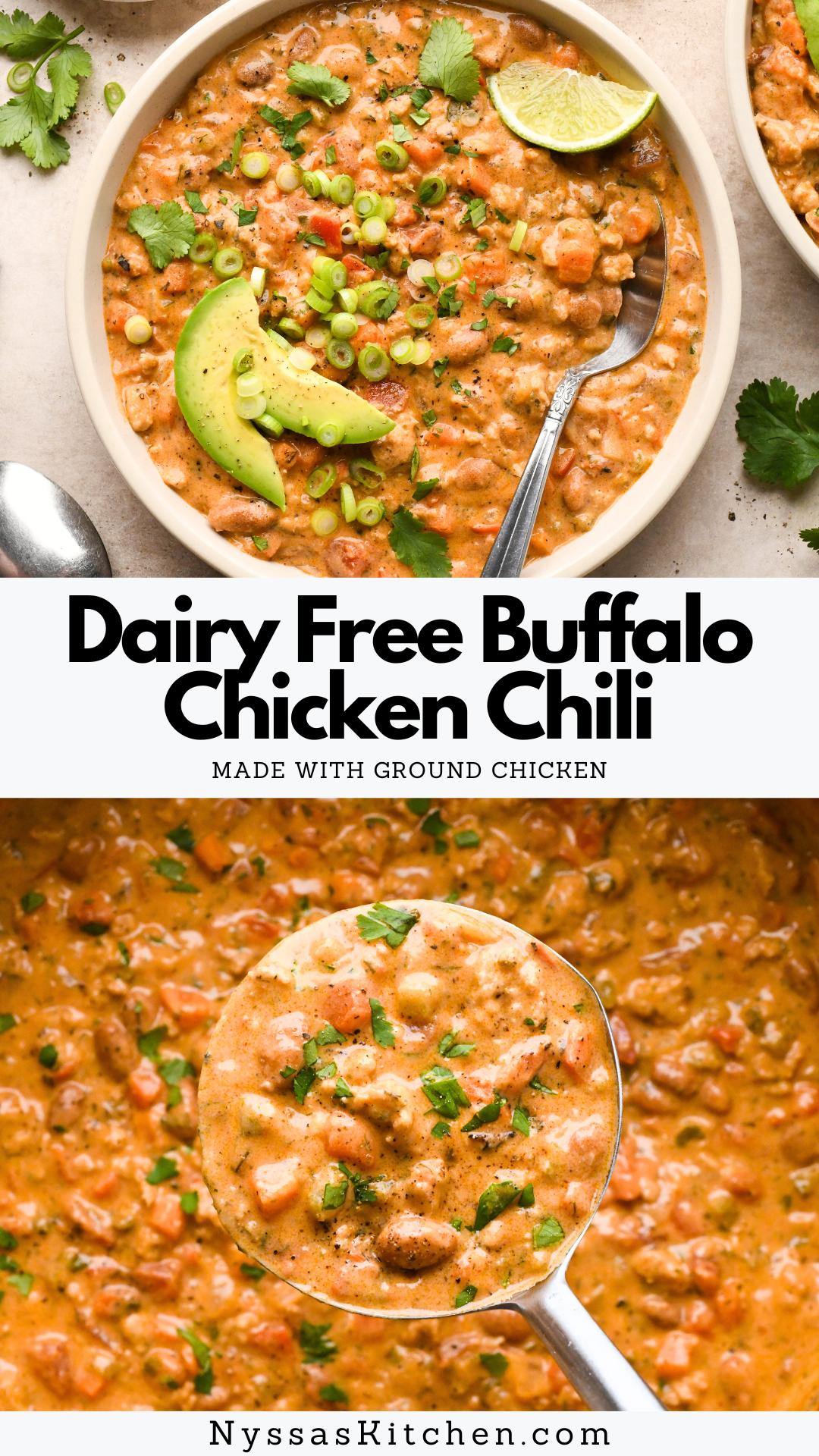 This cashew cream buffalo chicken chili made with ground chicken is as wholesome as it is incredibly delicious! It's made with ground chicken instead of shredded chicken (cooks faster and makes less mess!), diced bell peppers, celery, carrots, onion, fire roasted tomatoes, pinto beans, and cashew cream as a dairy-free alternative to cream cheese. A simple blend of pantry-friendly spices and your favorite buffalo sauce bolster the flavor further for a seriously crave-worthy soup!