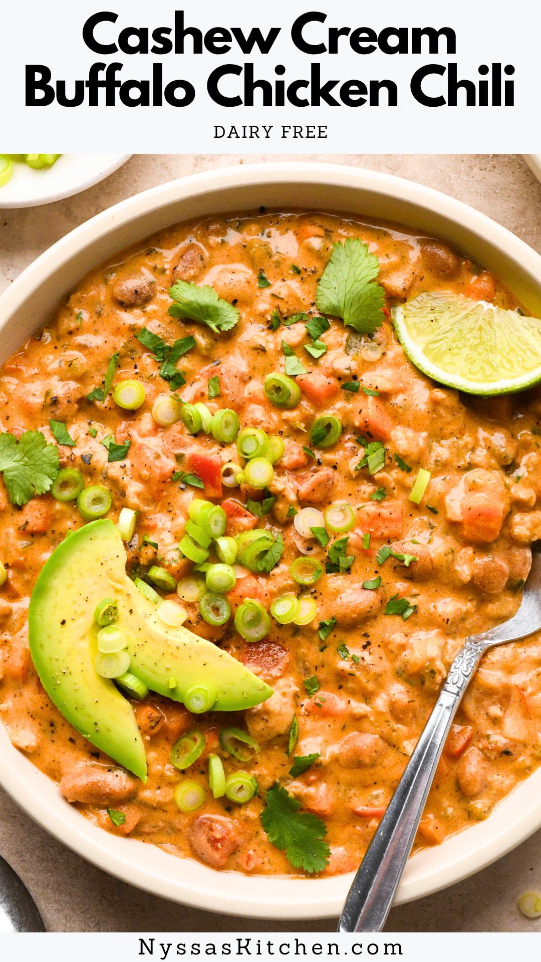 This cashew cream buffalo chicken chili made with ground chicken is as wholesome as it is incredibly delicious! It's made with ground chicken instead of shredded chicken (cooks faster and makes less mess!), diced bell peppers, celery, carrots, onion, fire roasted tomatoes, pinto beans, and cashew cream as a dairy-free alternative to cream cheese. A simple blend of pantry-friendly spices and your favorite buffalo sauce bolster the flavor further for a seriously crave-worthy soup!