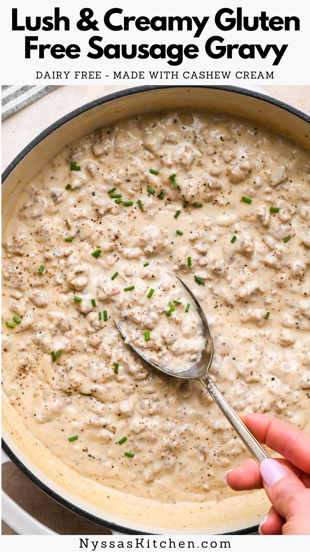 Creamy and indulgent, this gluten free AND dairy free sausage gravy is easy comfort food at its best. It's not fussy or complicated to make (all you need is 7 ingredients - most of which are likely already in your pantry!), and thanks to cashew cream and all-purpose seasoning, the texture and flavor is absolutely next-level-delicious. We've been making this recipe for years, and it's truly a back-pocket staple that's perfect for slow weekend brunches! Ready in just 30 minutes.