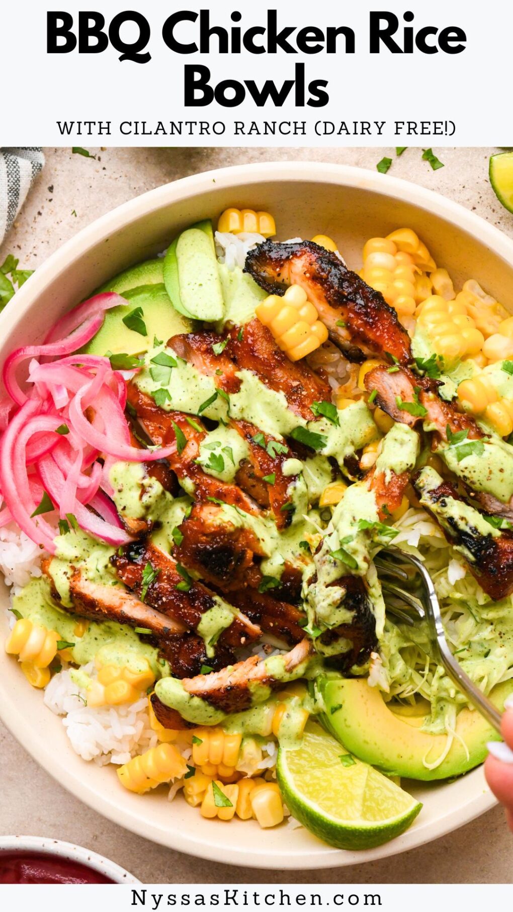 Pinterest pin for BBQ Chicken Rice Bowls with Cilantro Ranch