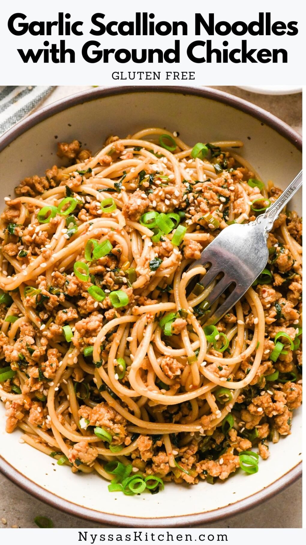 Pinterest pin for Garlic Scallion Noodles with Ground Chicken