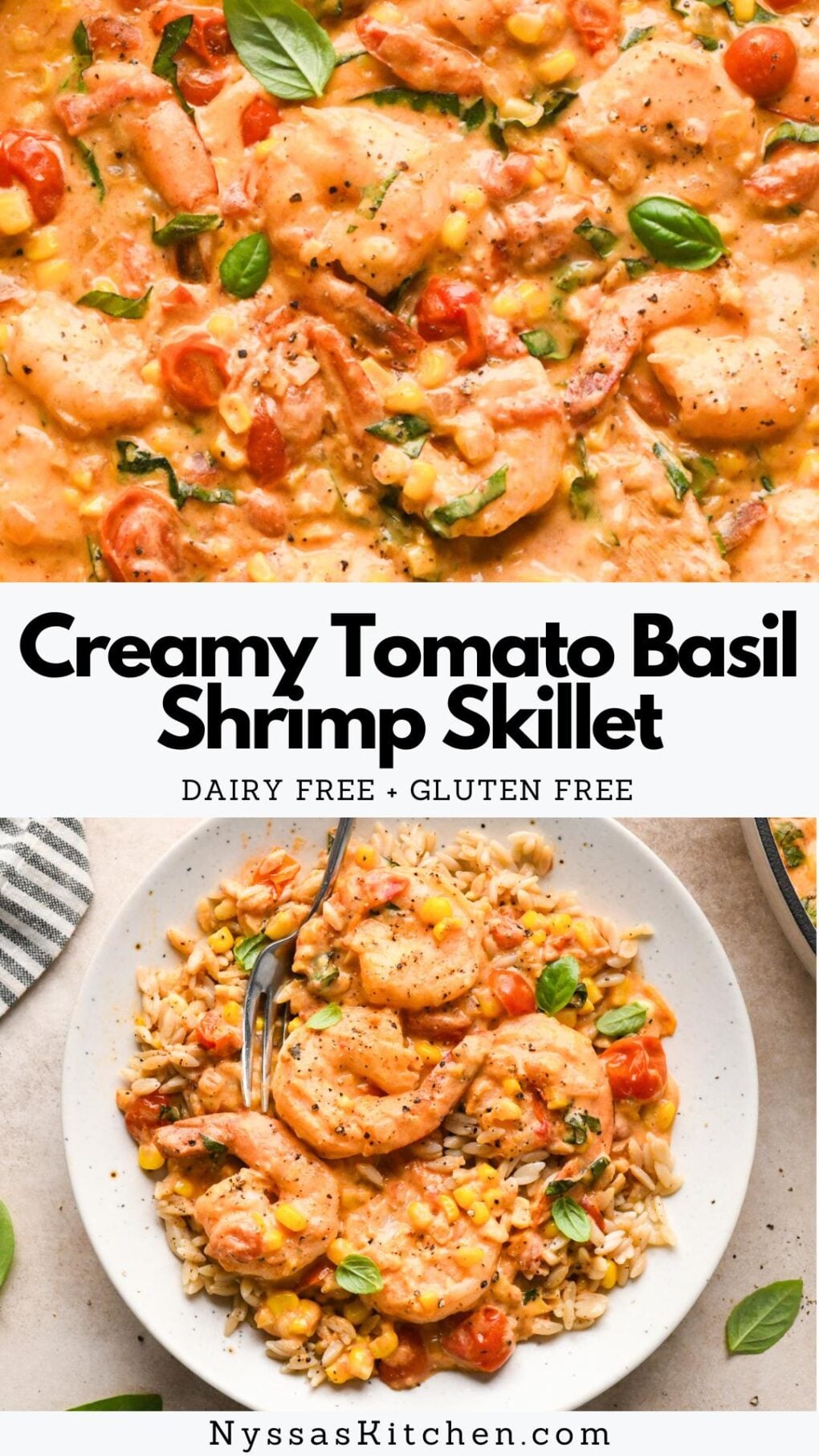 Pinterest pin for Creamy Tomato Basil Shrimp Skillet with Sweet Corn