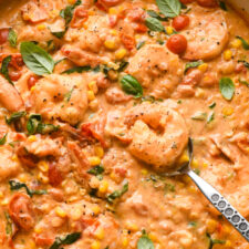Creamy Tomato Basil Shrimp Skillet with Sweet Corn (Dairy Free)