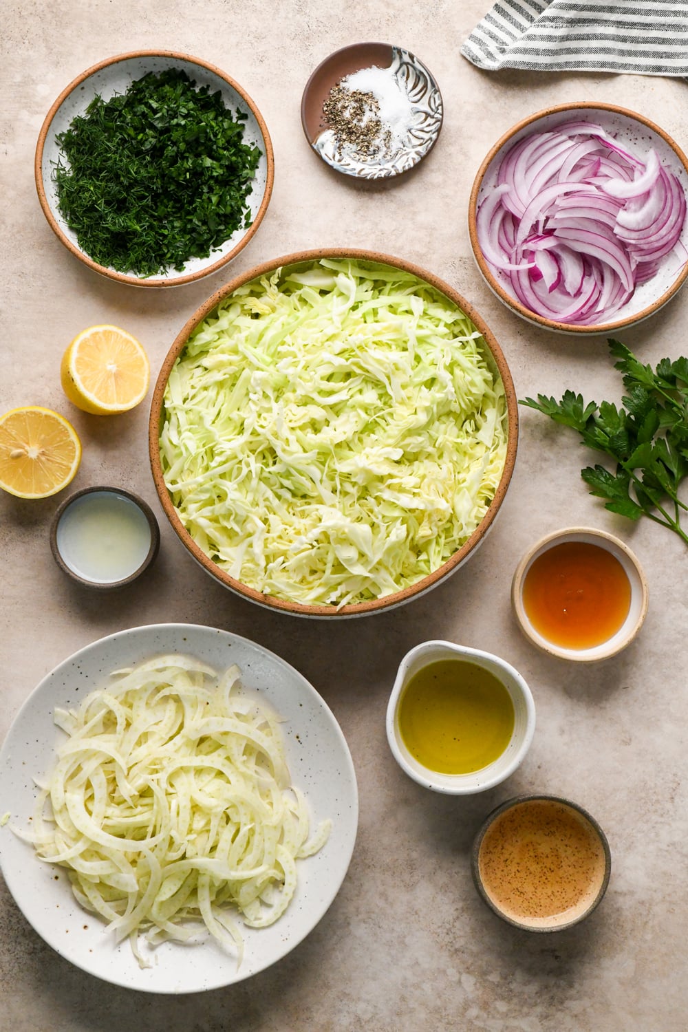 Overhead view of a bowl of shredded cabbage, sliced red onion, sliced fennel, chopped herbs, lemon halves, seasonings, and small bowls of oil and vinegar arranged on a light surface.