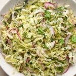 A white bowl filled with cabbage slaw, red onion slices, sliced fennel, fresh dill, and parsley, with a fork resting inside. The salad looks fresh and lightly dressed.