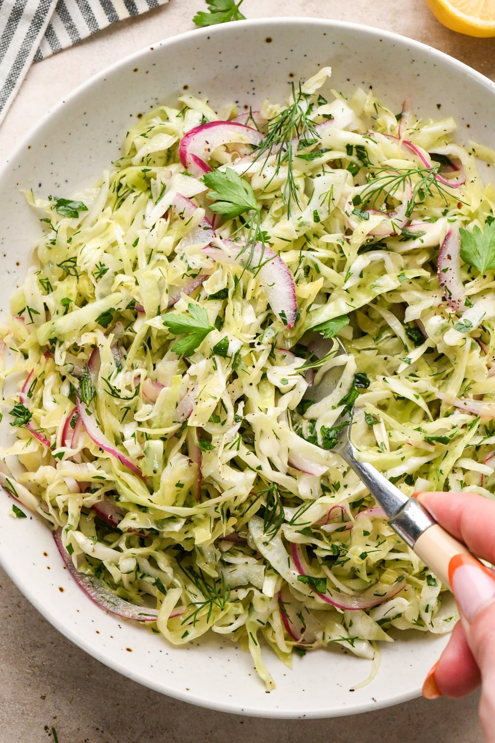 A hand holds a serving spoon over a bowl filled with a slaw made of shredded cabbage, sliced red onions, fresh herbs, and a light vinaigrette.