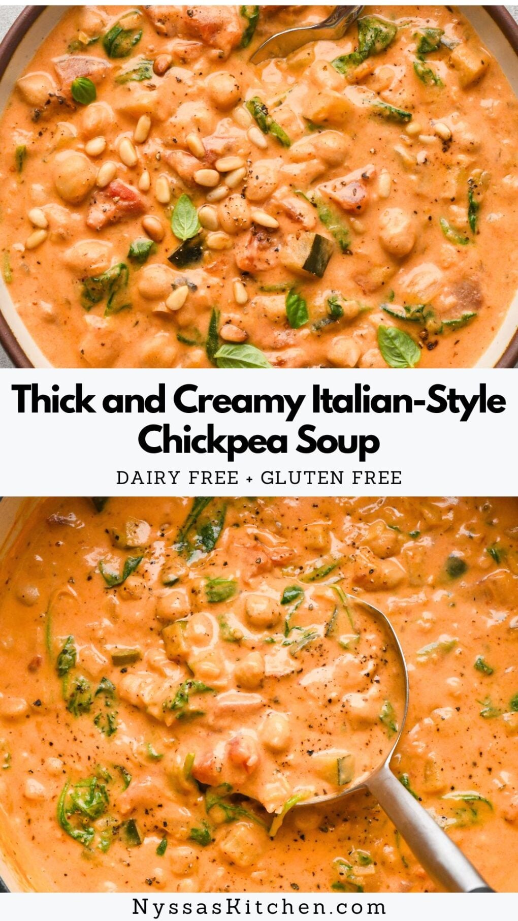 Pinterest pin for Thick and Creamy Italian Style Chickpea Soup (Dairy Free)