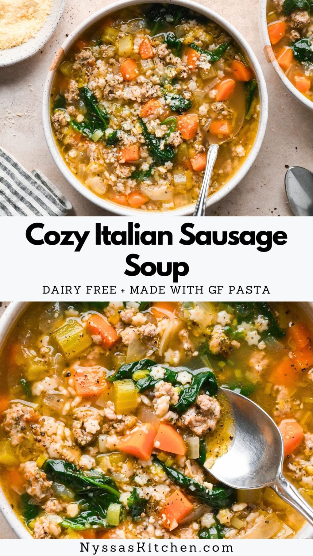 Pinterest pin for Cozy Italian Sausage Soup with Gluten-Free Pasta