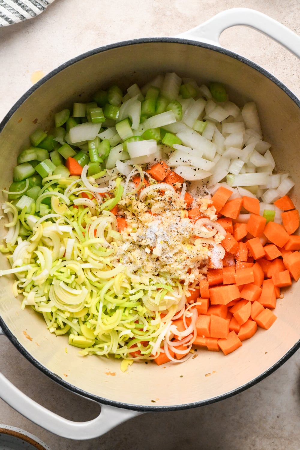 A Dutch oven filled with chopped celery, onions, leeks, and carrots, topped with minced garlic, salt, and pepper.