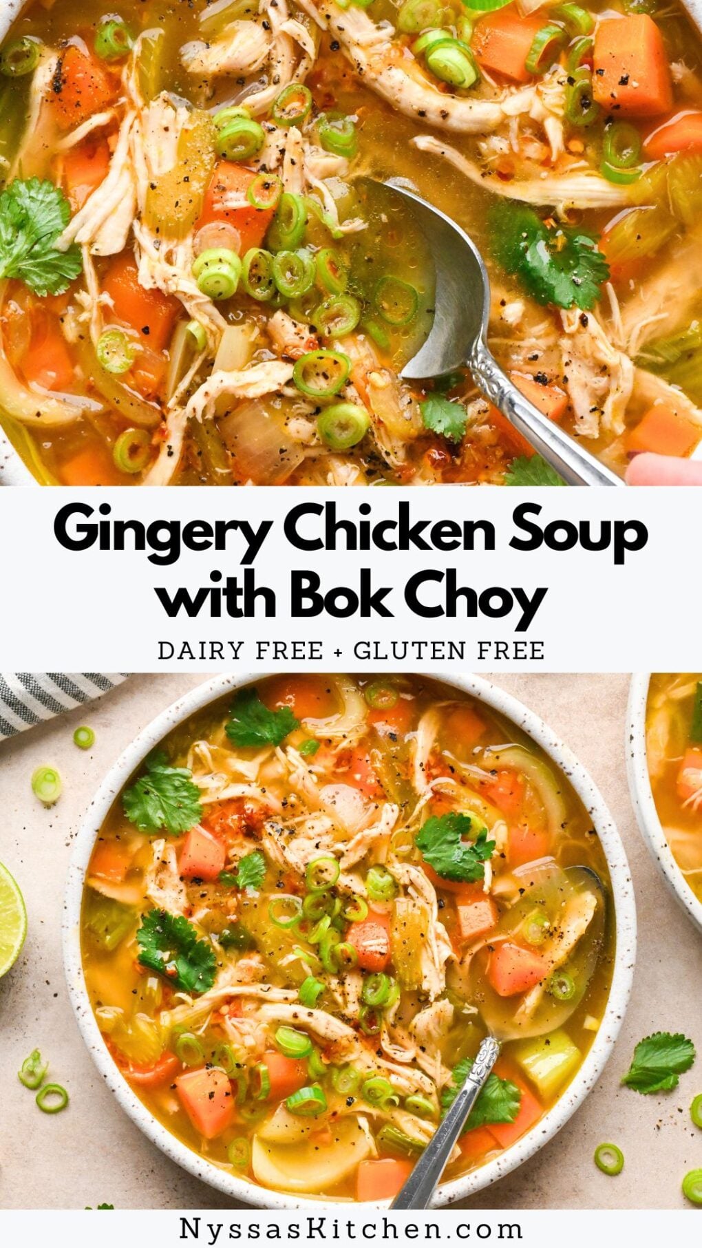 Pinterest pin for Gingery Chicken Soup with Bok Choy