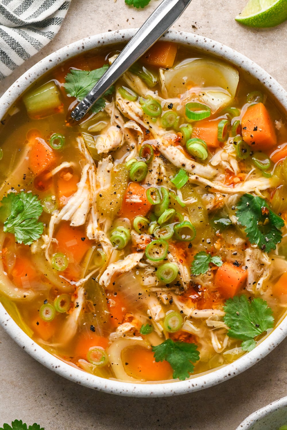 A bowl of chicken ginger soup with carrots, celery, bok choy, and green onions, garnished with cilantro and chili oil, with a metal spoon angled into the bowl.