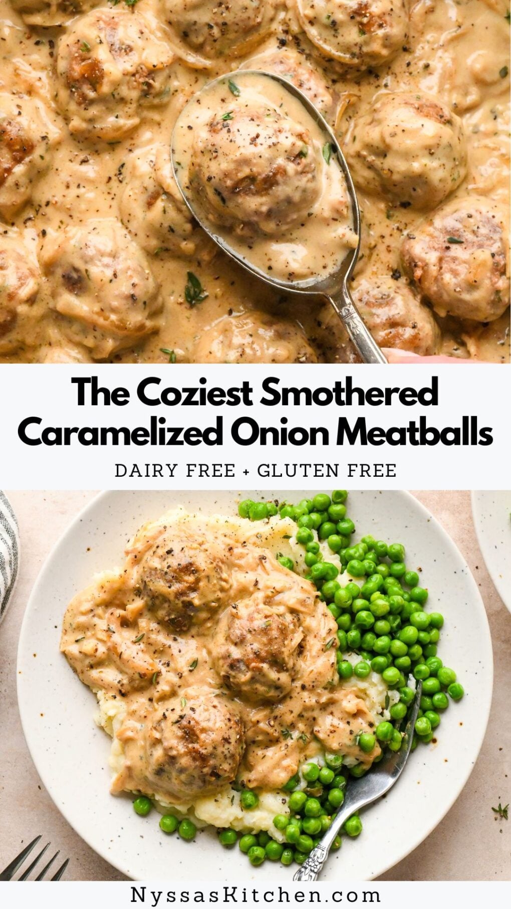 Pinterest pin for The Coziest Smothered Caramelized Onion Meatballs